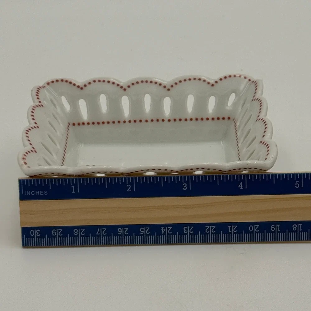 Andrea by Sadek Williamsburg Reticulated Porcelain Trinket Dish White Red Dot